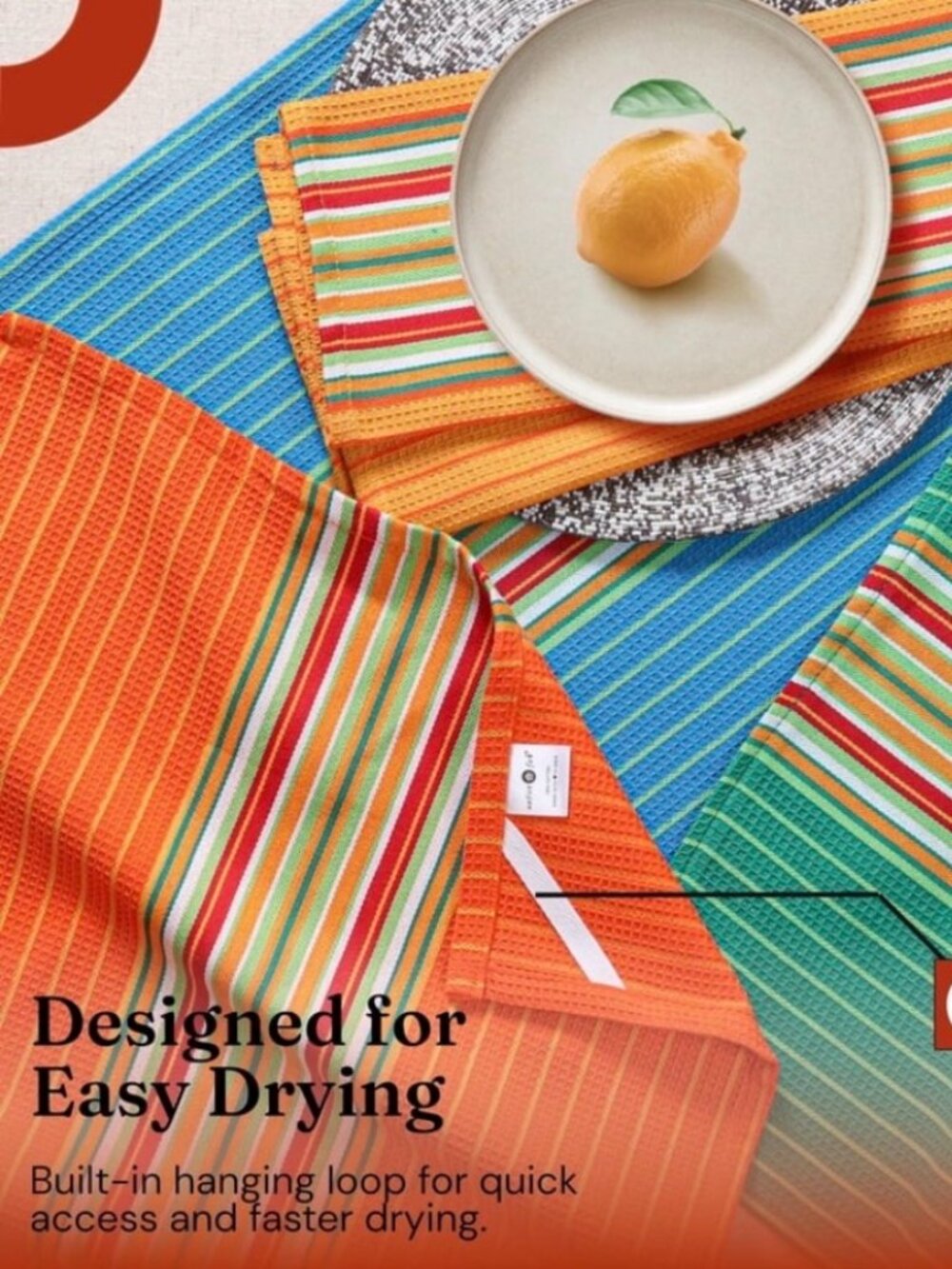 Salsa Stripe Kitchen Towel - Set of 8 Pure Cotton Absorbent Waffle Weave Dish
